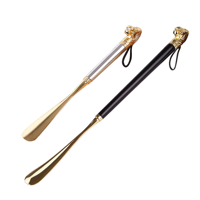 Lion Head shoe horns – silver and black handles, 32 cm, gold metal blade