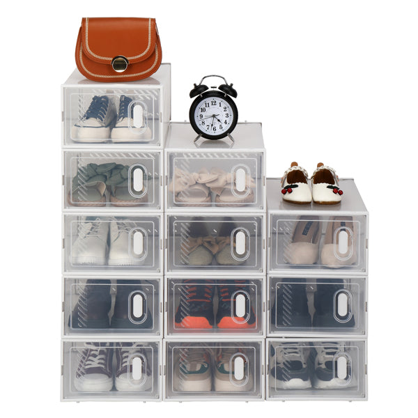 Nine drop-front shoe boxes stacked with sneakers and flats inside