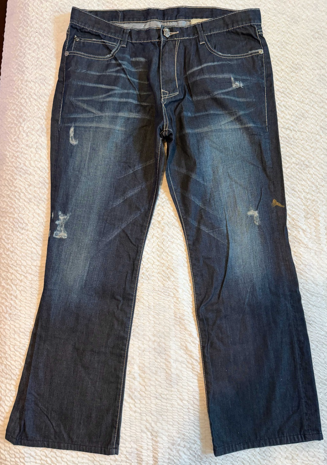 Monarchy Atelier Mens Jeans 38 Dark Wash Distressed Bootcut Flap Pocket Y2K2