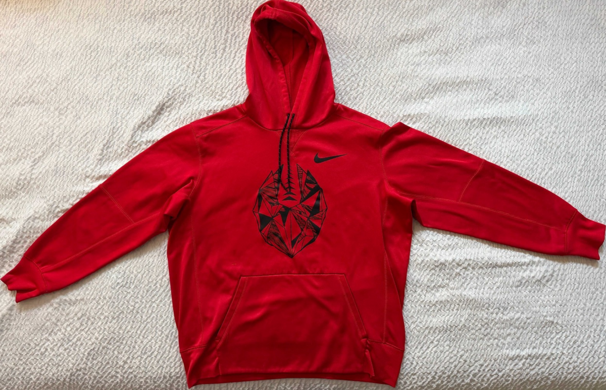 Nike Therma Dri FIT Football Hoodie Mens L Red Black Geometric Fleece Pullover0