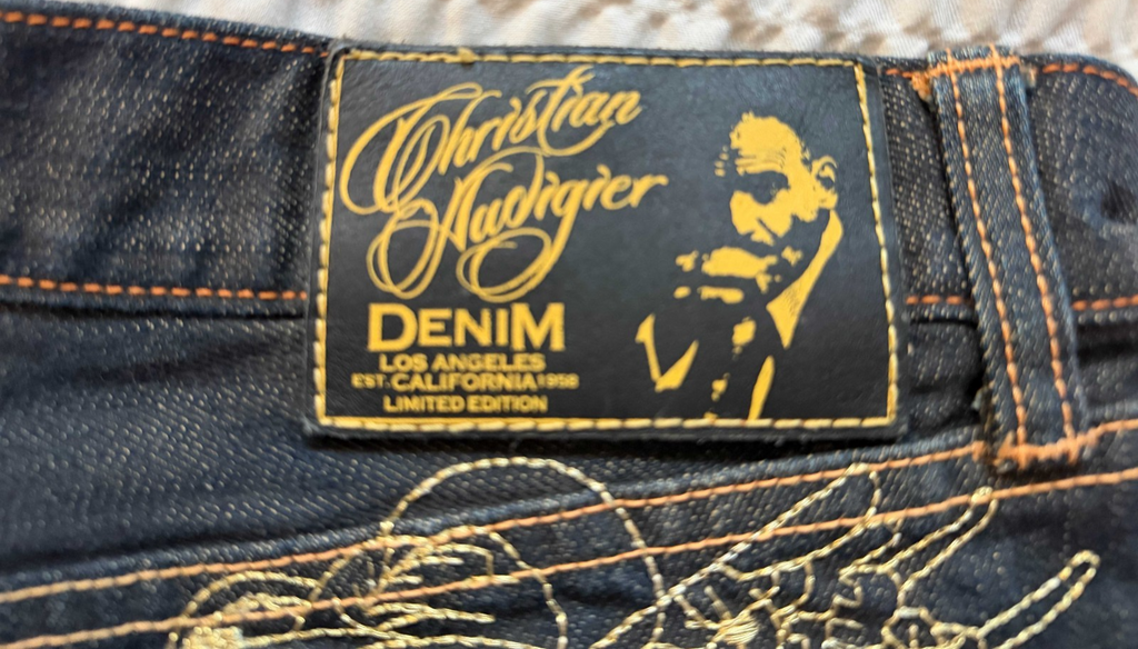 Christian Audigier Jean Shorts Mens SZ 40 Baggy Y2K Gold Embroidered Denim Jorts1