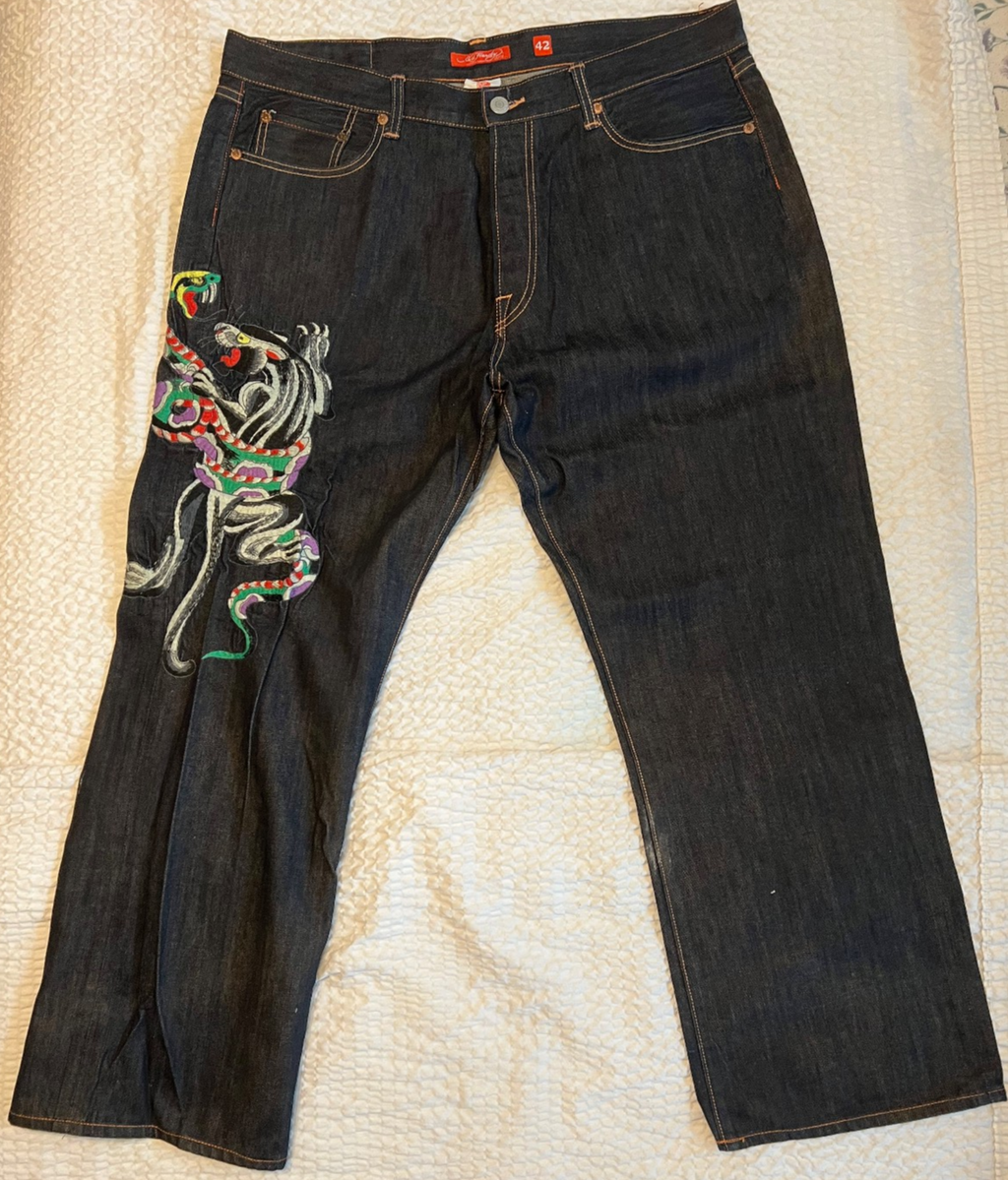 Ed Hardy Panther Snake Tiger Embroidered Jeans Mens 42x32 Y2K Audigier 20073