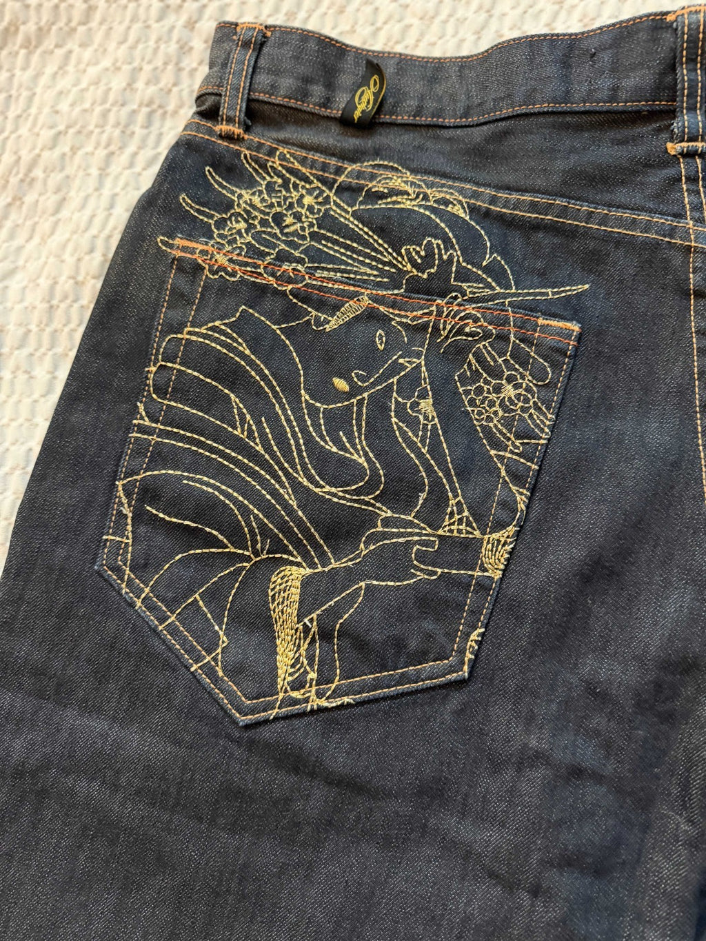 Christian Audigier Jean Shorts Mens SZ 40 Baggy Y2K Gold Embroidered Denim Jorts2