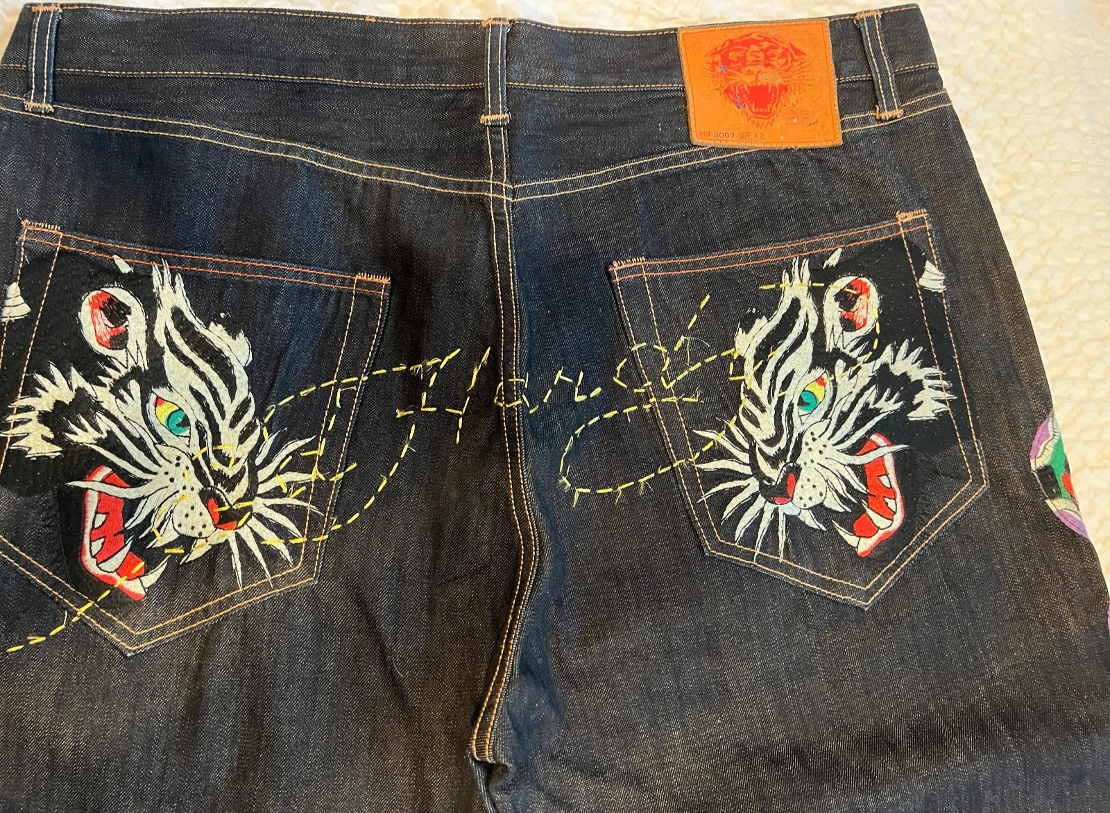 Ed Hardy Panther Snake Tiger Embroidered Jeans Mens 42x32 Y2K Audigier 20071