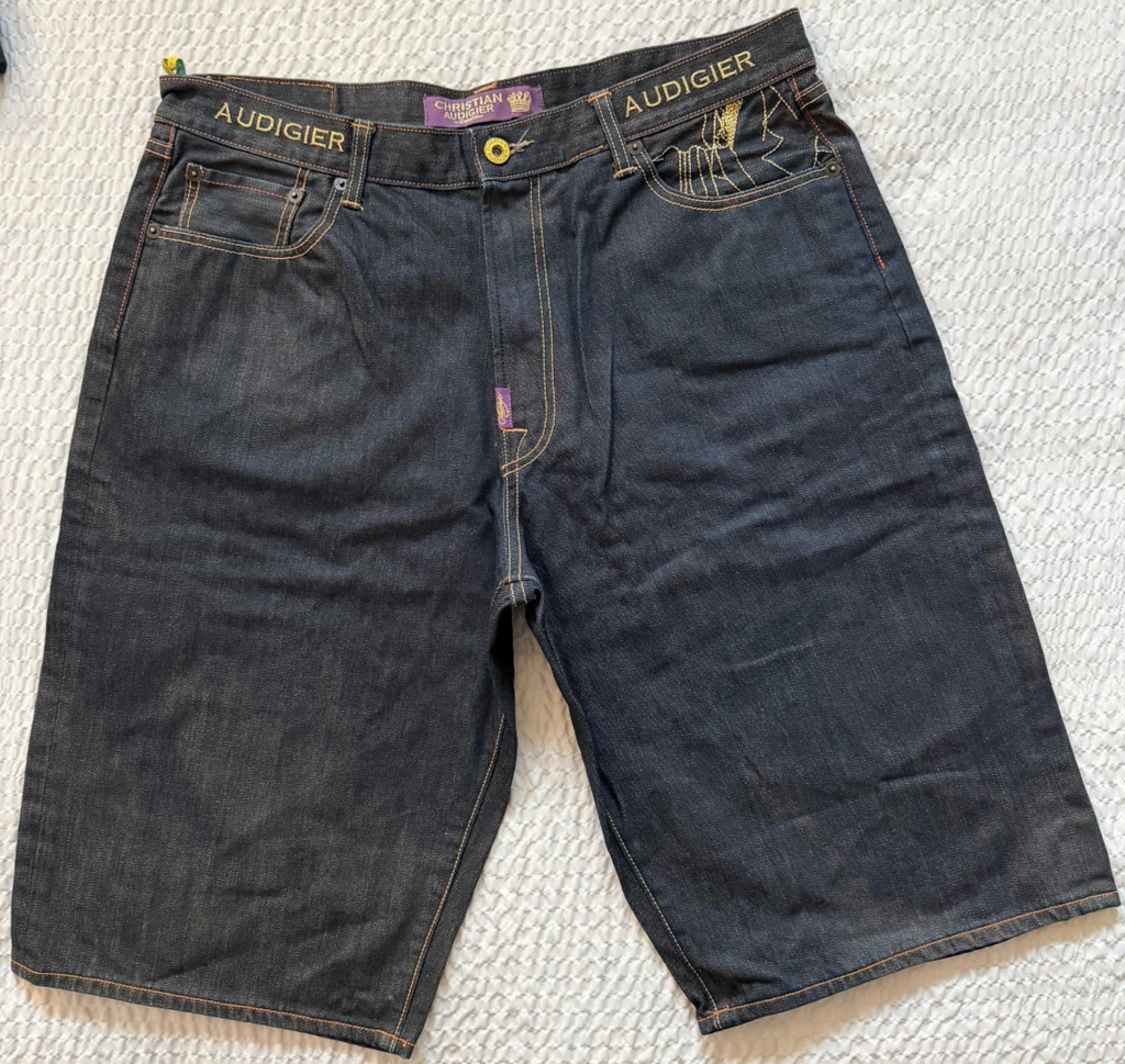 Christian Audigier Jean Shorts Mens SZ 40 Baggy Y2K Gold Embroidered Denim Jorts4