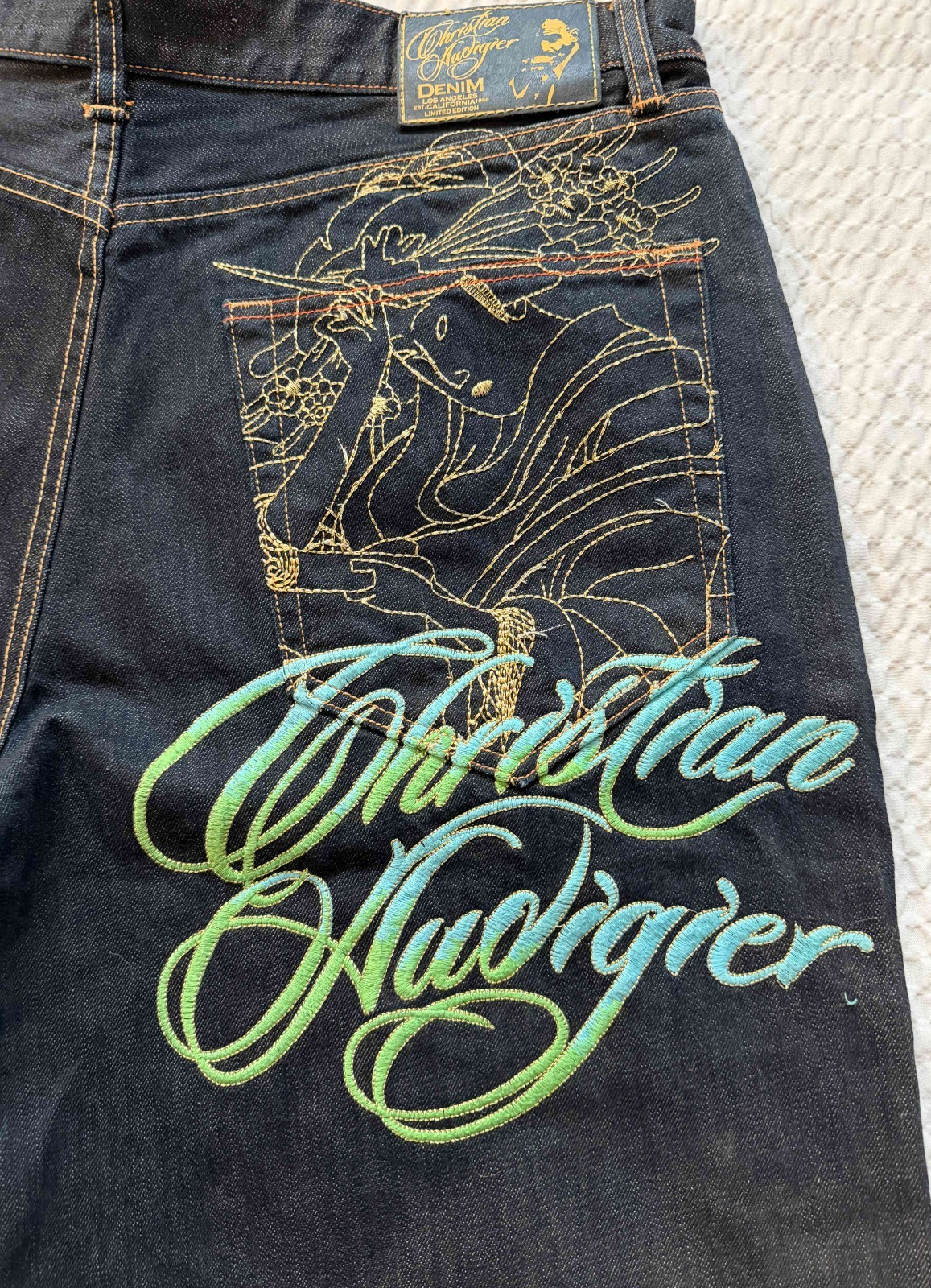 Christian Audigier Jean Shorts Mens SZ 40 Baggy Y2K Gold Embroidered Denim Jorts3