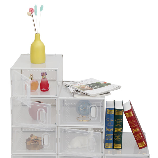 Drop-front boxes on a shelf holding books and small items