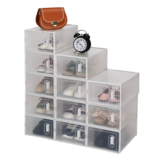 Drop-front shoe boxes in a stair stack with shoes inside