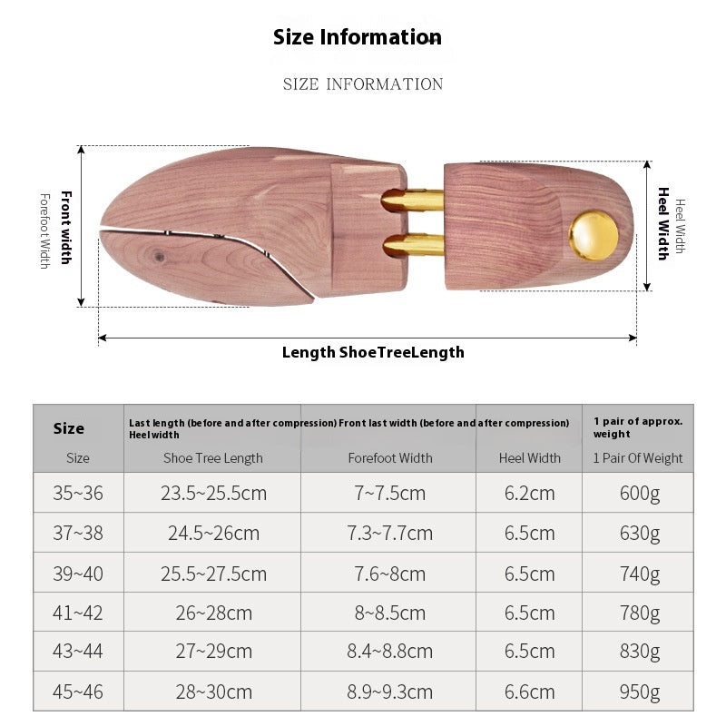 Cedar shoe tree size chart – EU 35–36 to 45–46 with length, width and weight per pair