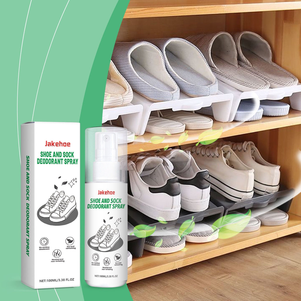 Deodorizing spray shown with a shoe rack