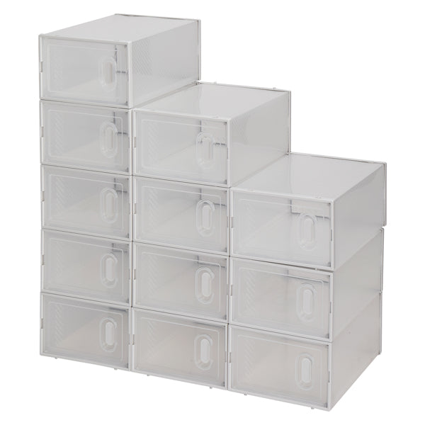 Twelve drop-front shoe boxes stacked in a stair pattern
