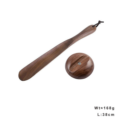 Black walnut shoe horn with hanging cord and magnetic wall disc – about 38 cm, 168 g