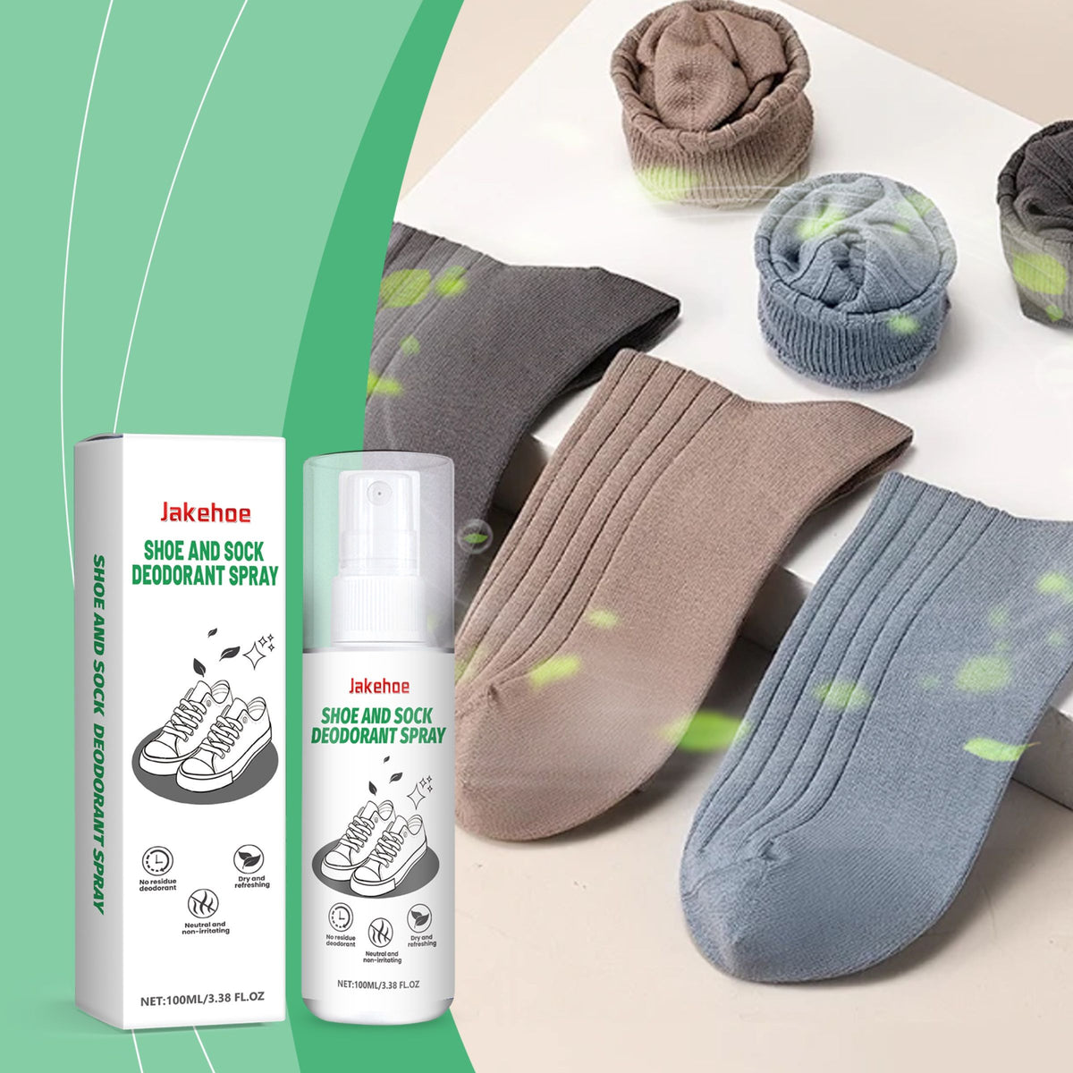 Deodorizing spray shown with socks