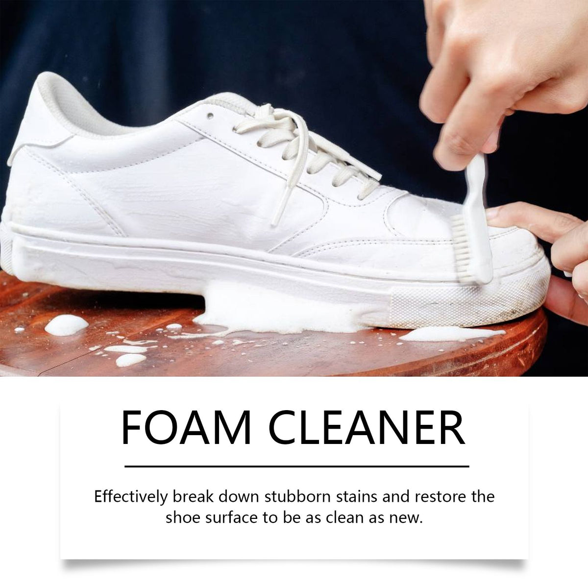 Foam cleaner being brushed onto a white sneaker