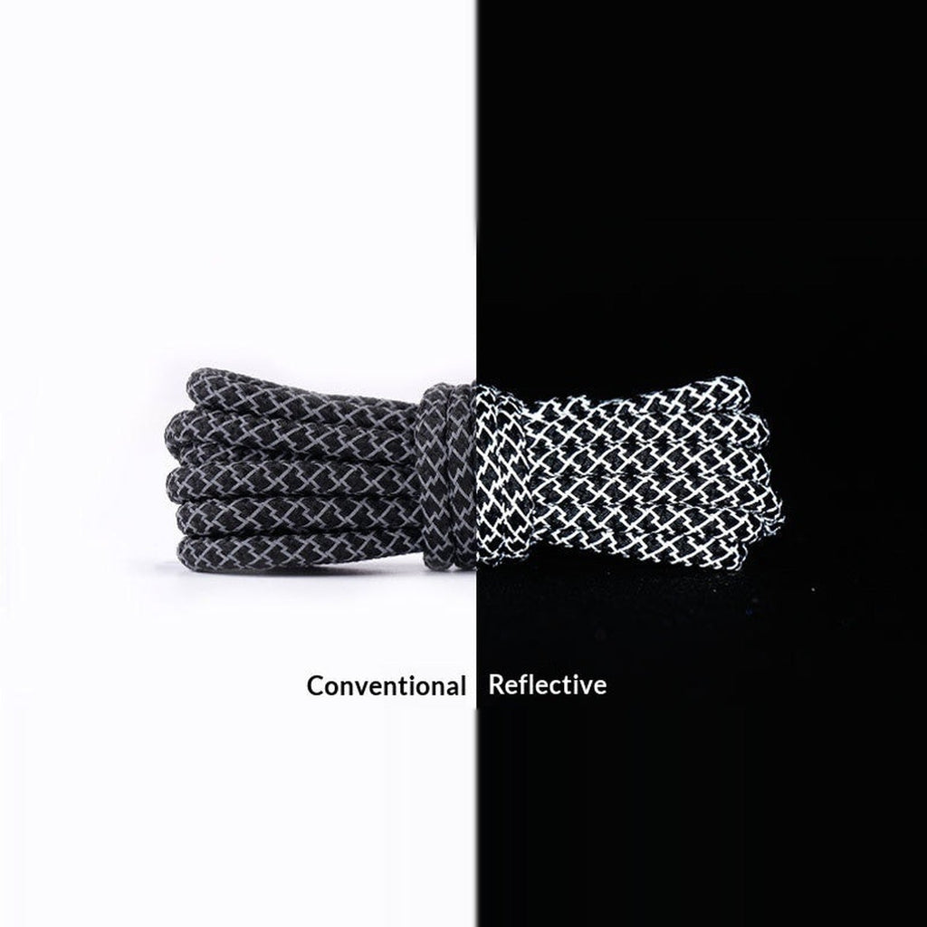 Black reflective rope laces, normal light vs reflecting