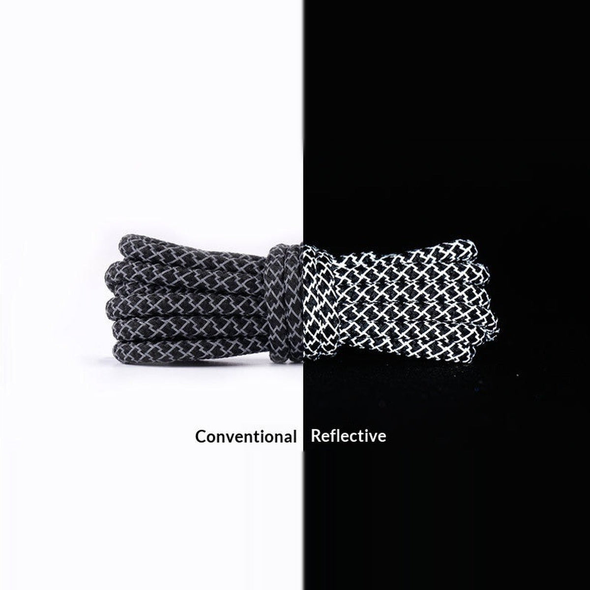 Black reflective rope laces, normal light vs reflecting