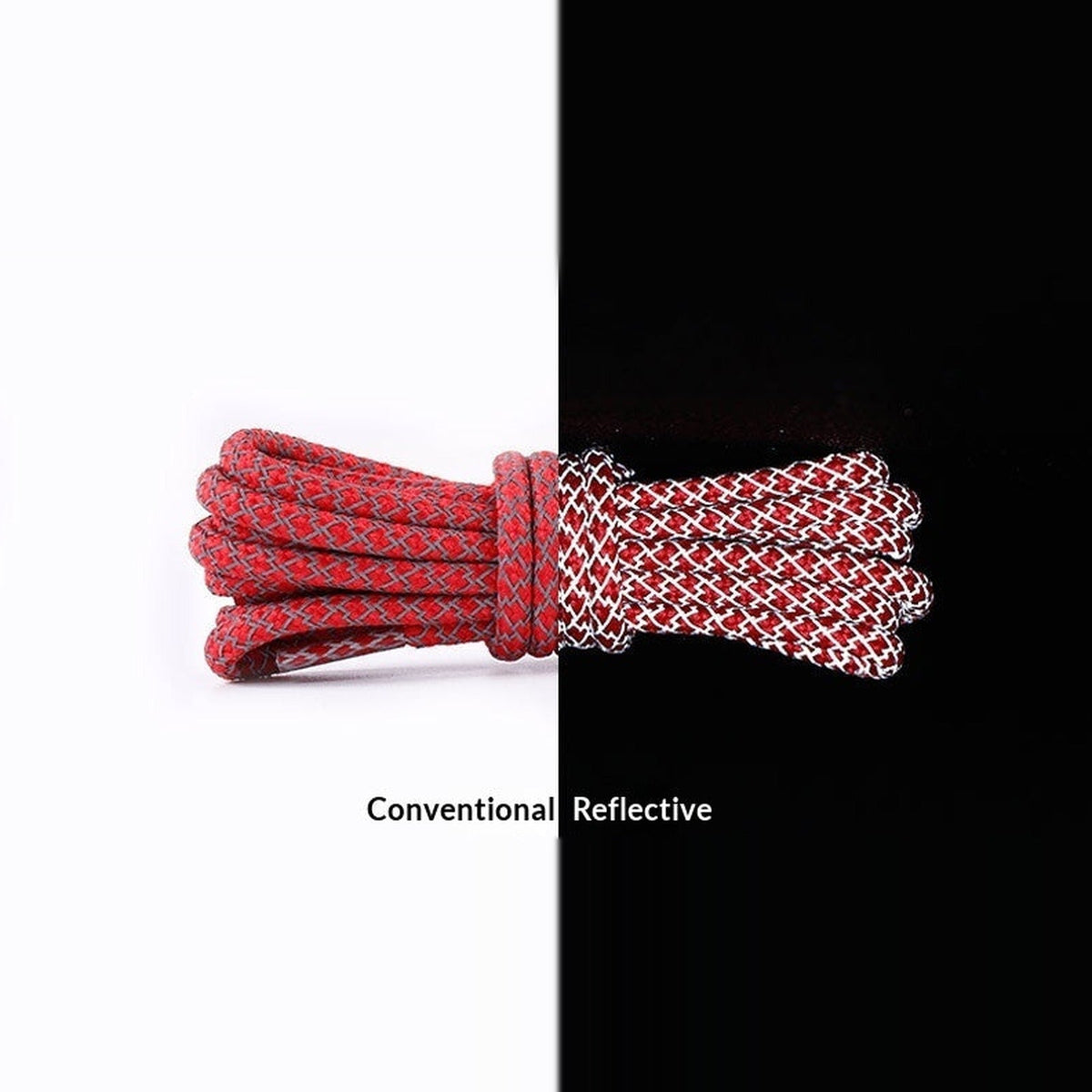 Bright Red reflective rope laces, normal light vs reflecting