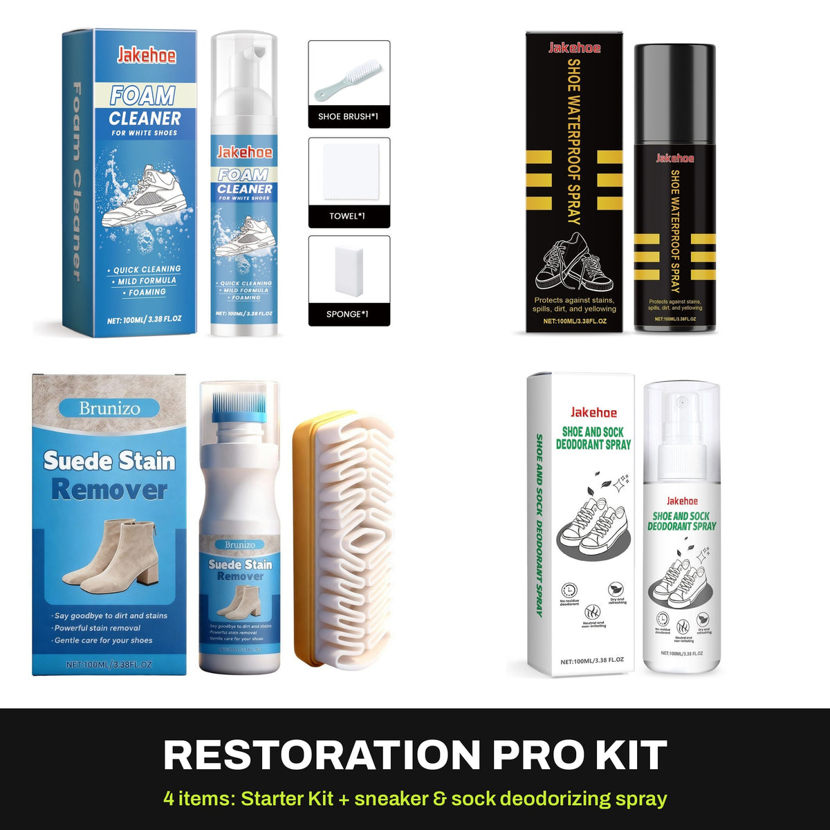 Restoration Pro Kit: foam cleaner kit, water repellent spray, suede kit and deodorizing spray