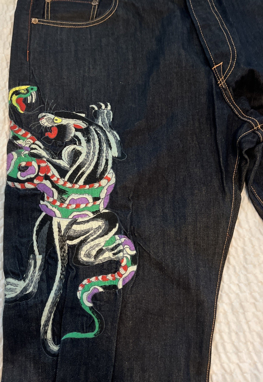Ed Hardy Panther & Snake Embroidered Jeans – Blue Denim – 42x32