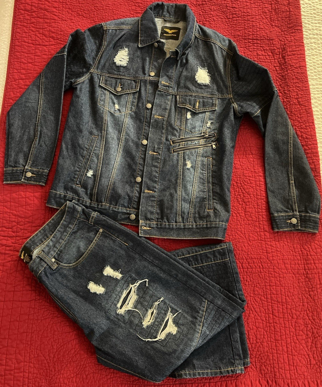 Counterattack Denim Jacket & Jeans Set – Distressed Blue – XL / W38 L34