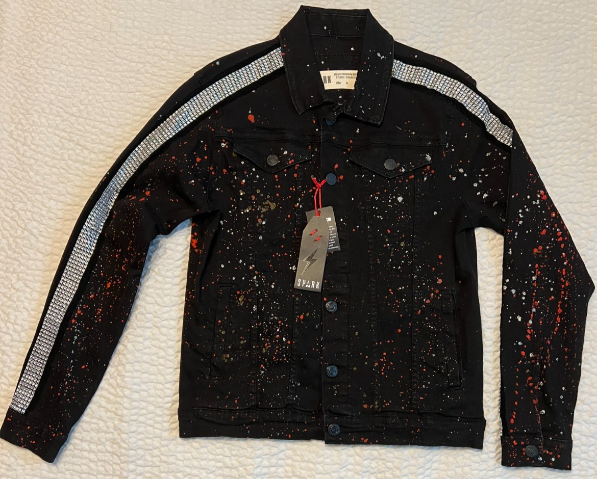 SPARK Denim Trucker Jacket – Black Paint Splatter Rhinestone – M