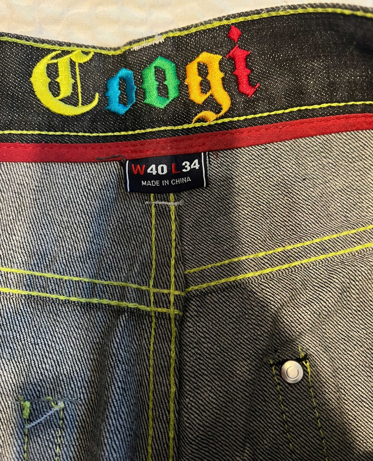 COOGI Men's Baggy Jeans – Dark Wash Green Scroll Embroidered – W40 L34