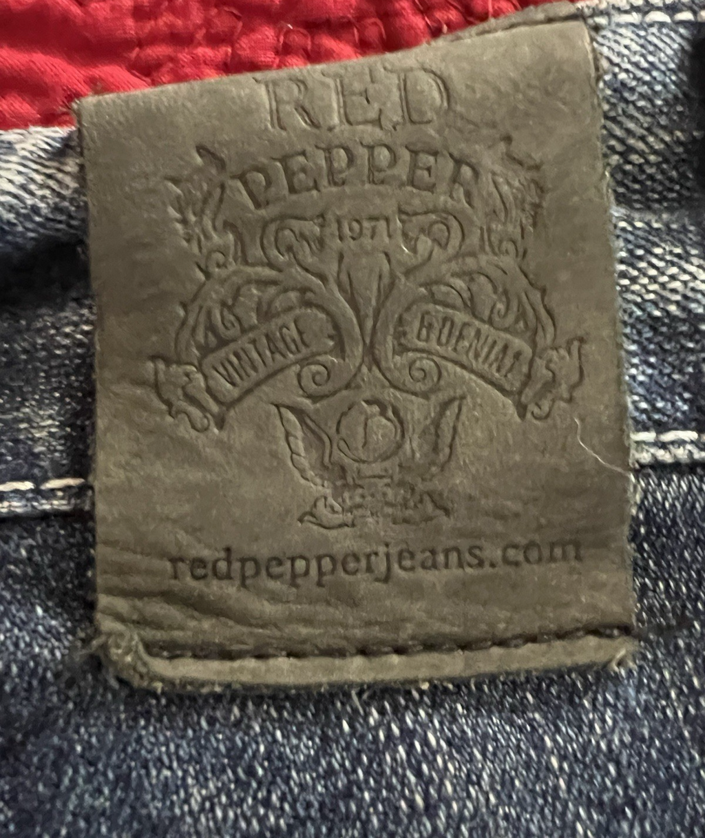 Red Pepper Distressed Embroidered Jeans – Red – Size 40