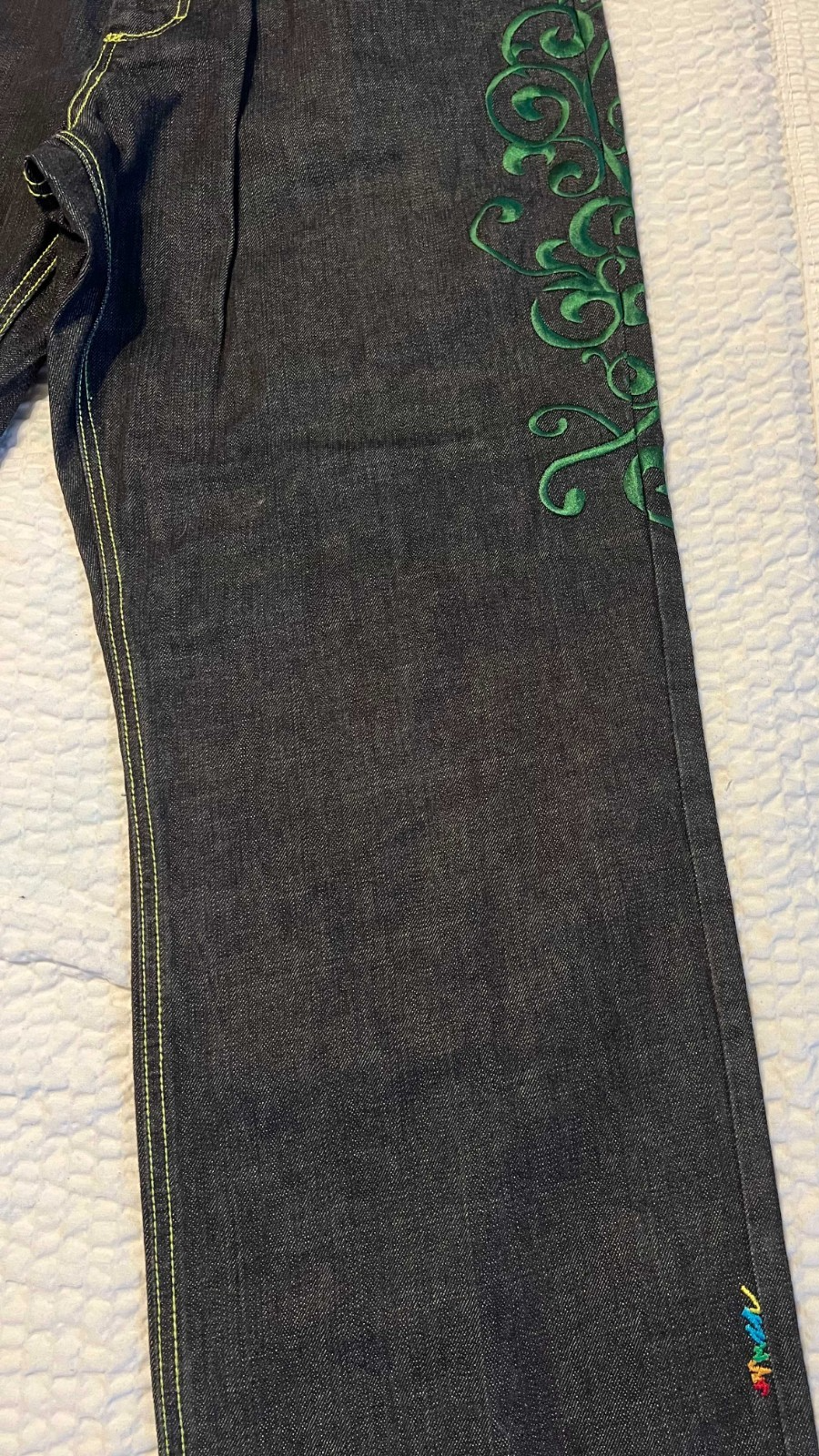 COOGI Men's Baggy Jeans – Dark Wash Green Scroll Embroidered – W40 L34