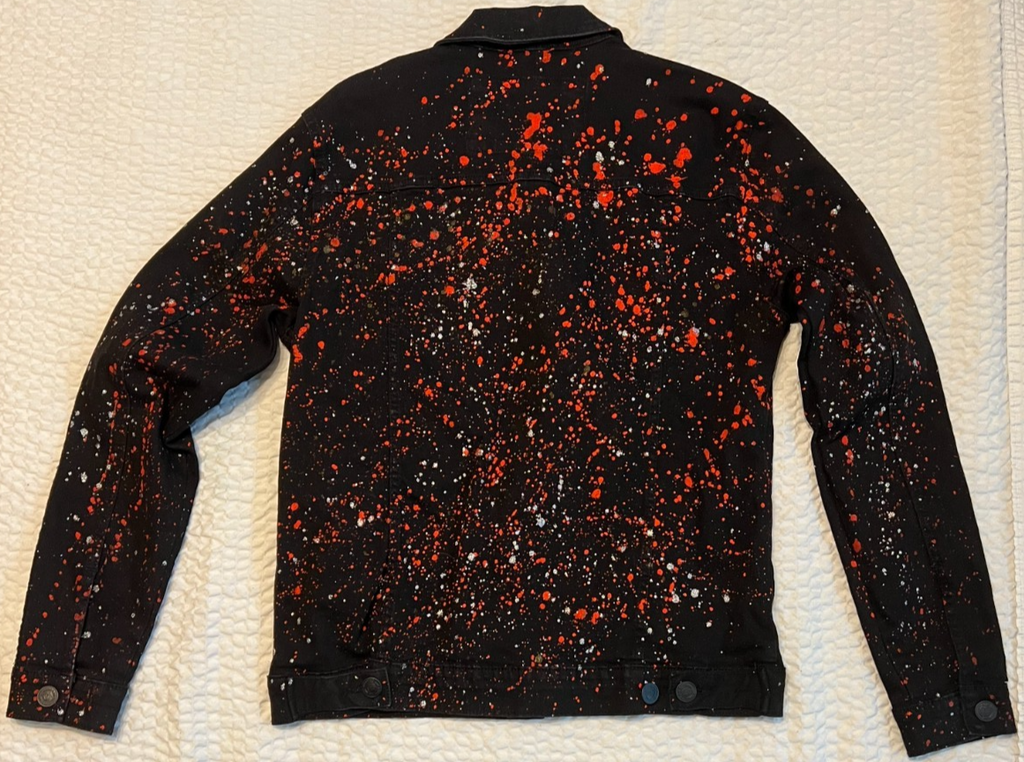 SPARK Denim Trucker Jacket – Black Paint Splatter Rhinestone – M