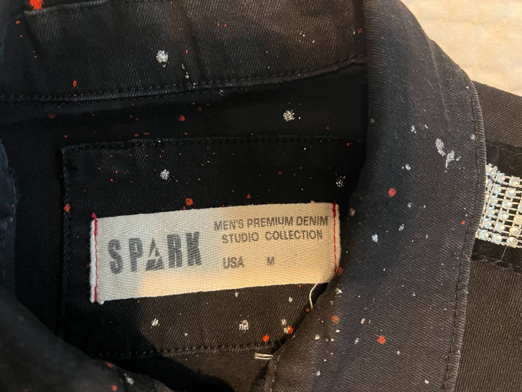 SPARK Denim Trucker Jacket – Black Paint Splatter Rhinestone – M