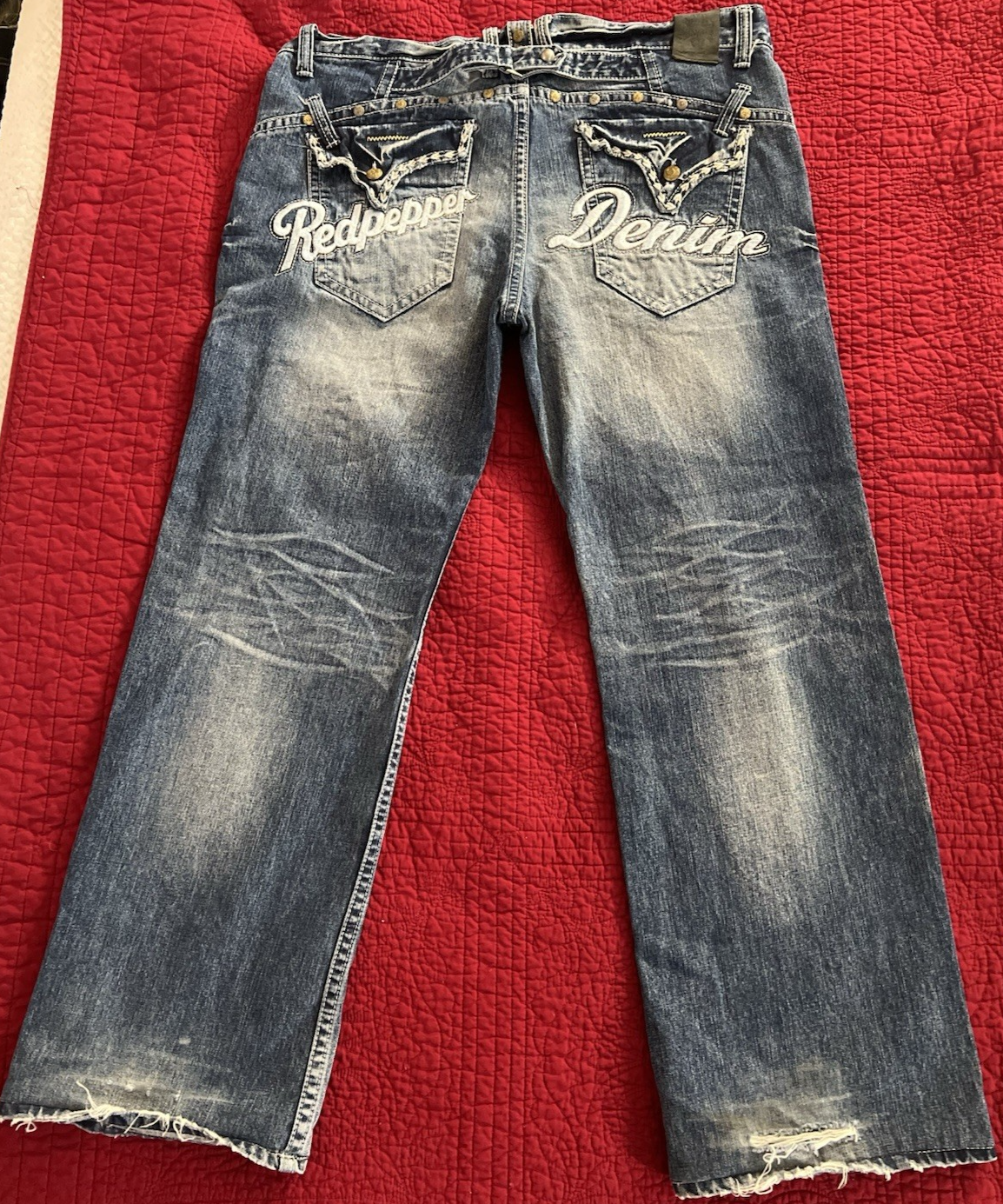 Red Pepper Distressed Embroidered Jeans – Red – Size 40
