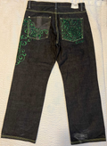 COOGI Men's Baggy Jeans – Dark Wash Green Scroll Embroidered – W40 L34