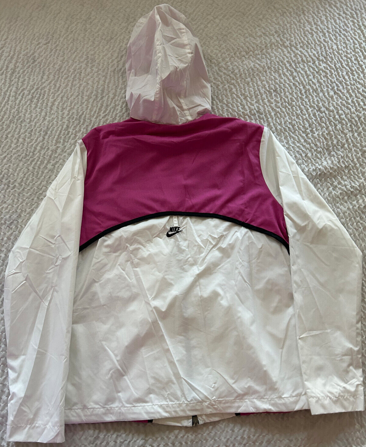 Vintage Nike Women's Swoosh Hooded Zip Jacket – White/Pink – Size L (12-16)