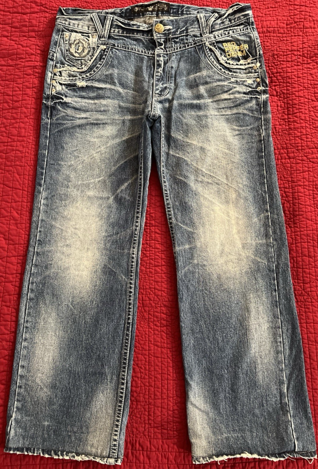 Red Pepper Distressed Embroidered Jeans – Red – Size 40