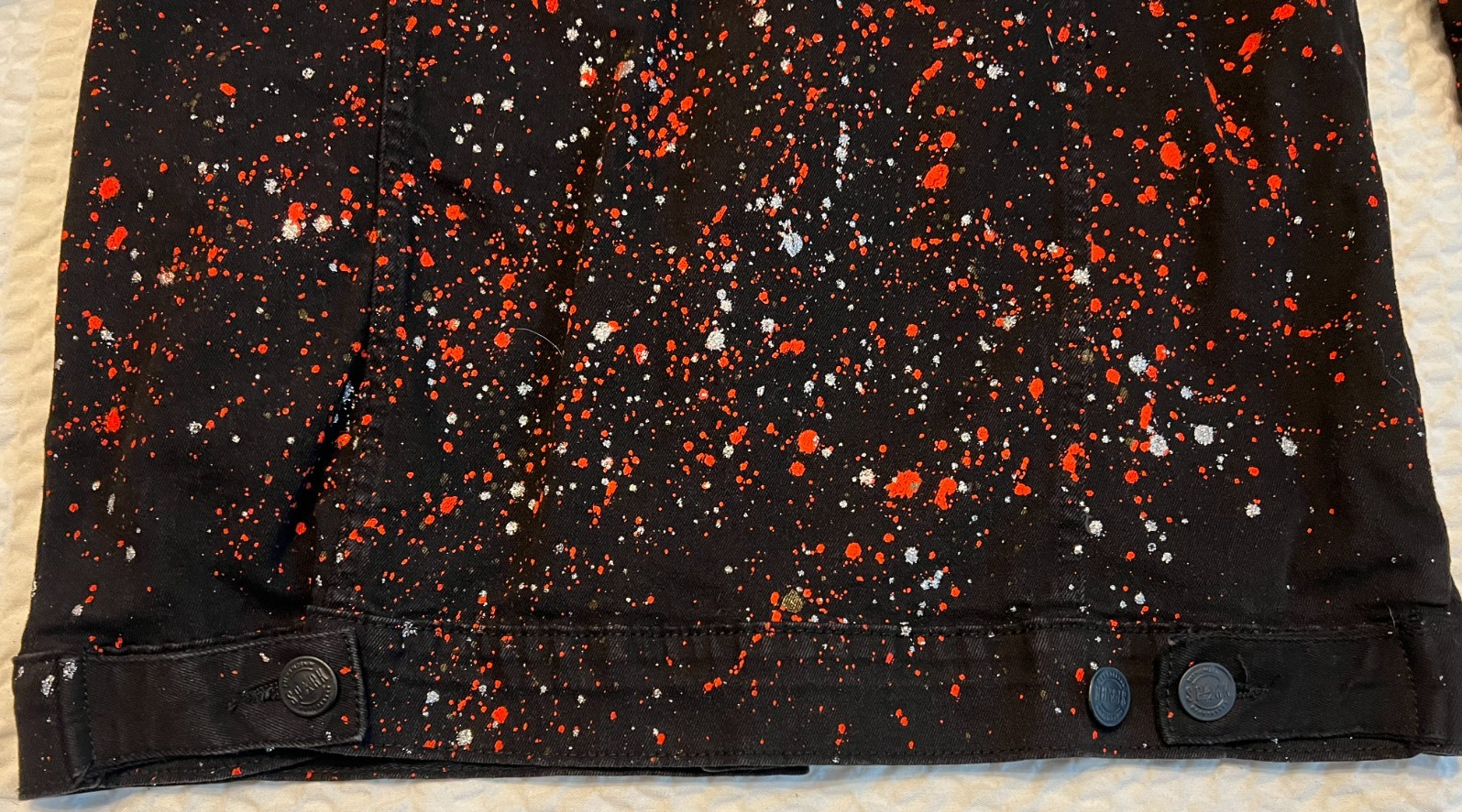 SPARK Denim Trucker Jacket – Black Paint Splatter Rhinestone – M