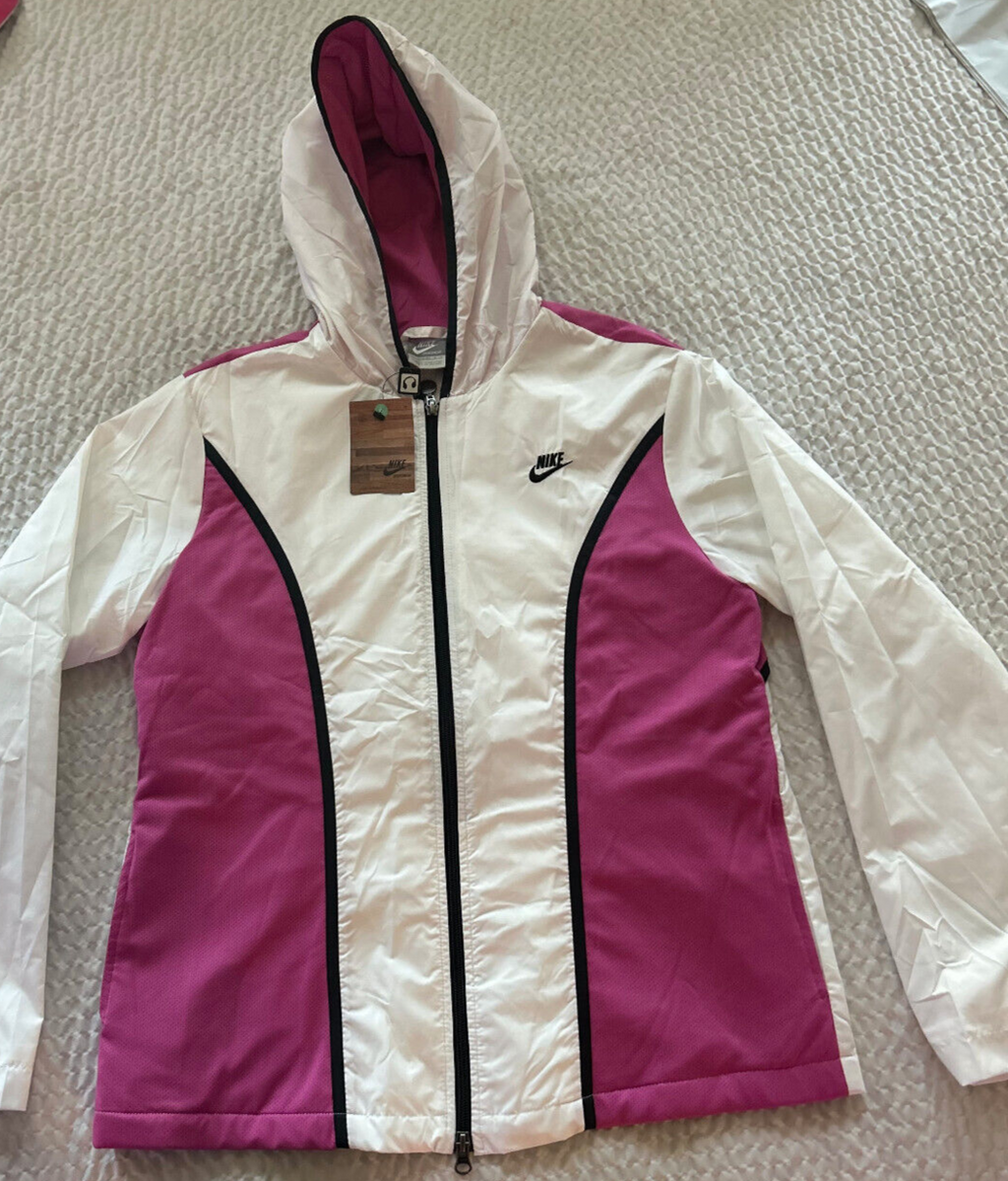 Vintage Nike Women's Swoosh Hooded Zip Jacket – White/Pink – Size L (12-16)