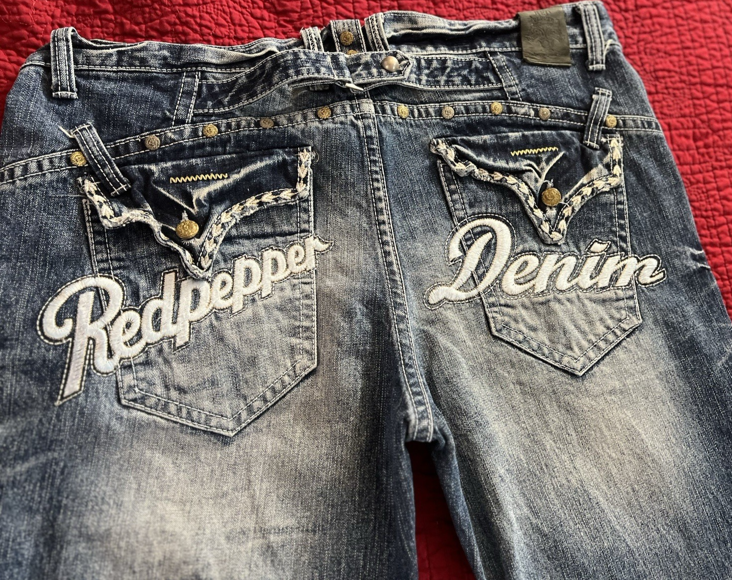 Red Pepper Distressed Embroidered Jeans – Red – Size 40