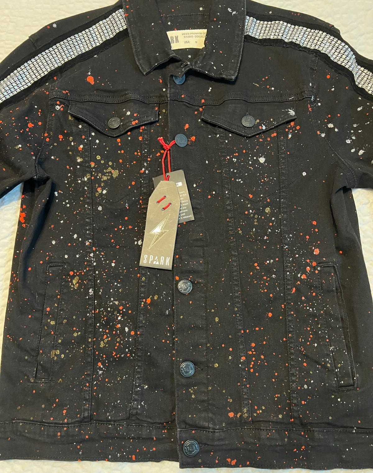 SPARK Denim Trucker Jacket – Black Paint Splatter Rhinestone – M