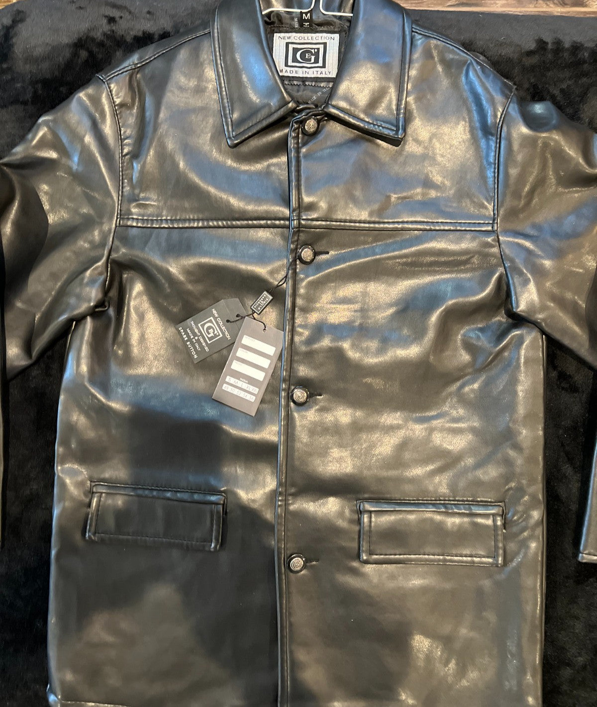 CG Men's Faux Leather Biker Jacket Black Moto Zip Up M Made in Italy NWT