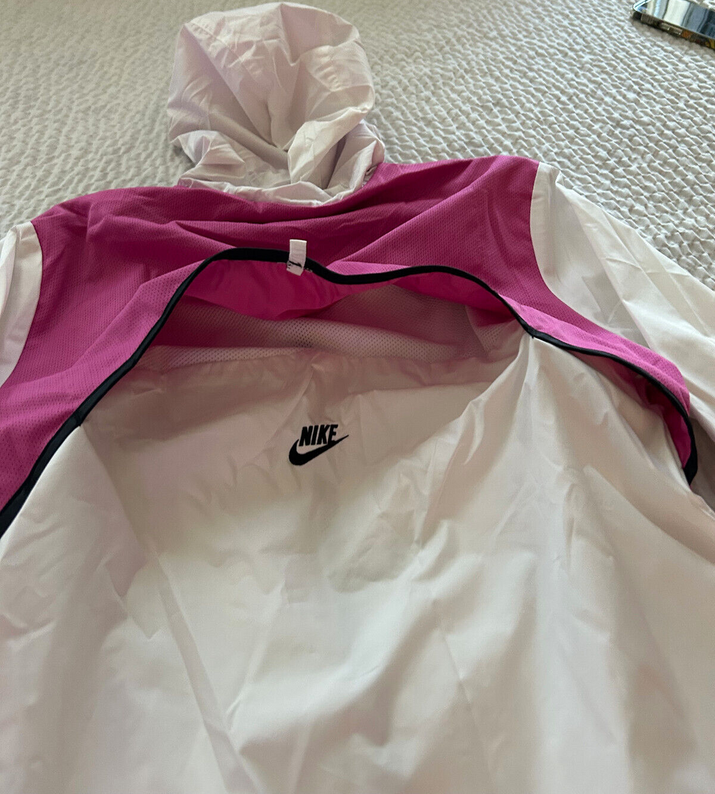 Vintage Nike Women's Swoosh Hooded Zip Jacket – White/Pink – Size L (12-16)