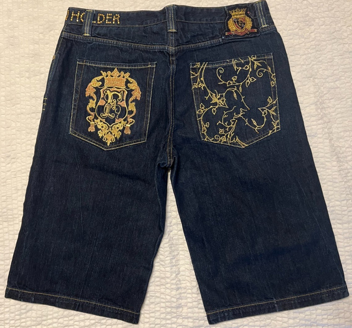 Crown Holder Gold Embroidered Denim Shorts – Blue – Size 38