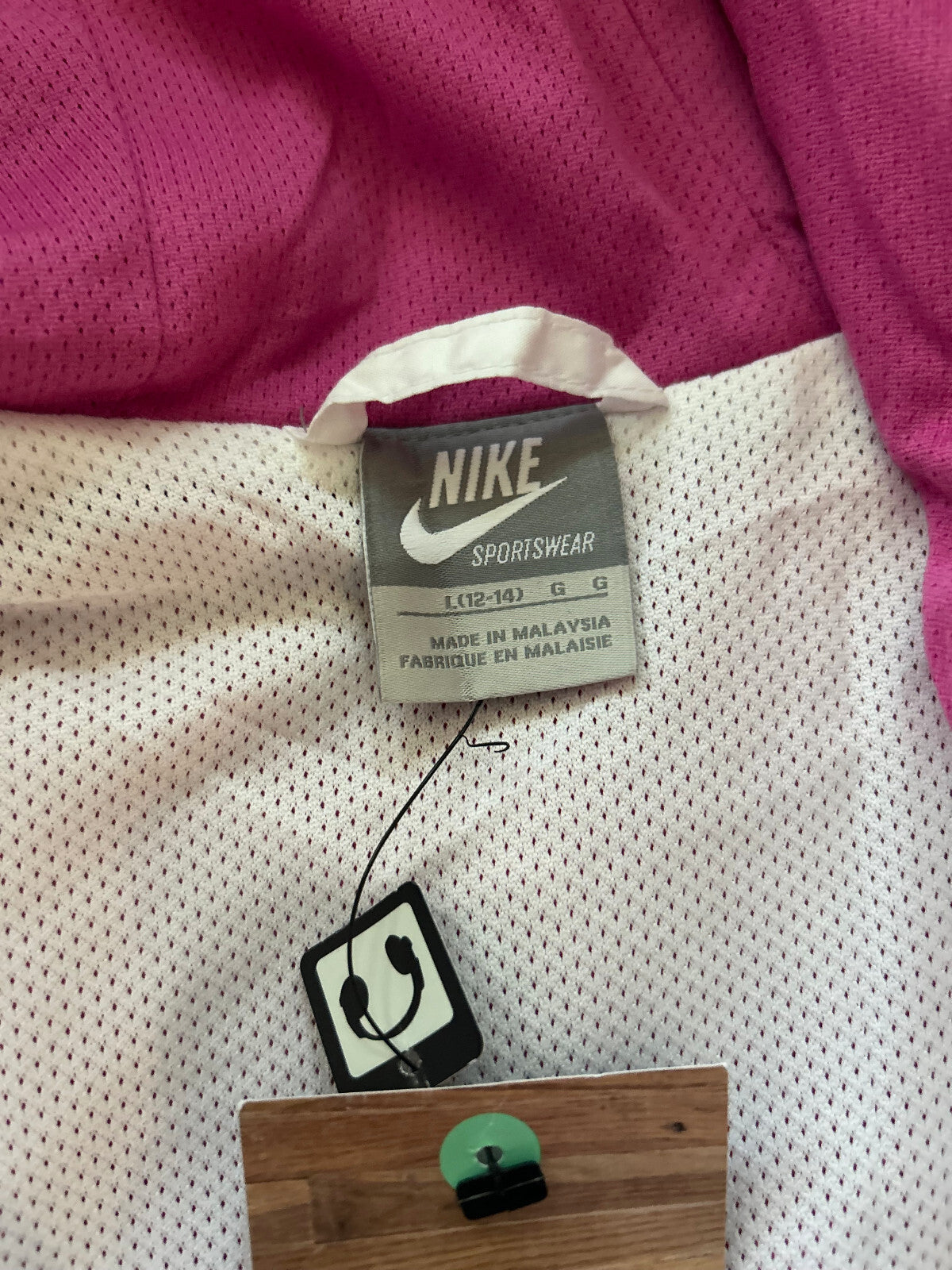 Vintage Nike Women's Swoosh Hooded Zip Jacket – White/Pink – Size L (12-16)
